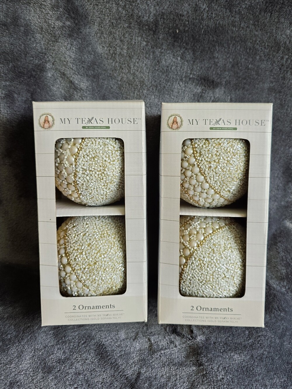 New 2 LARGE Sets of 2 My Texas House 2025 White Pearl beaded Christmas Ornaments